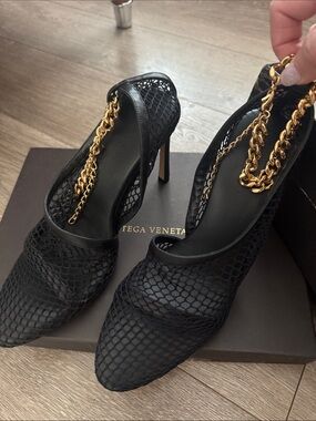 Bottega Veneta Black Mesh Pointed-Toe Heels with Gold Chain Accent